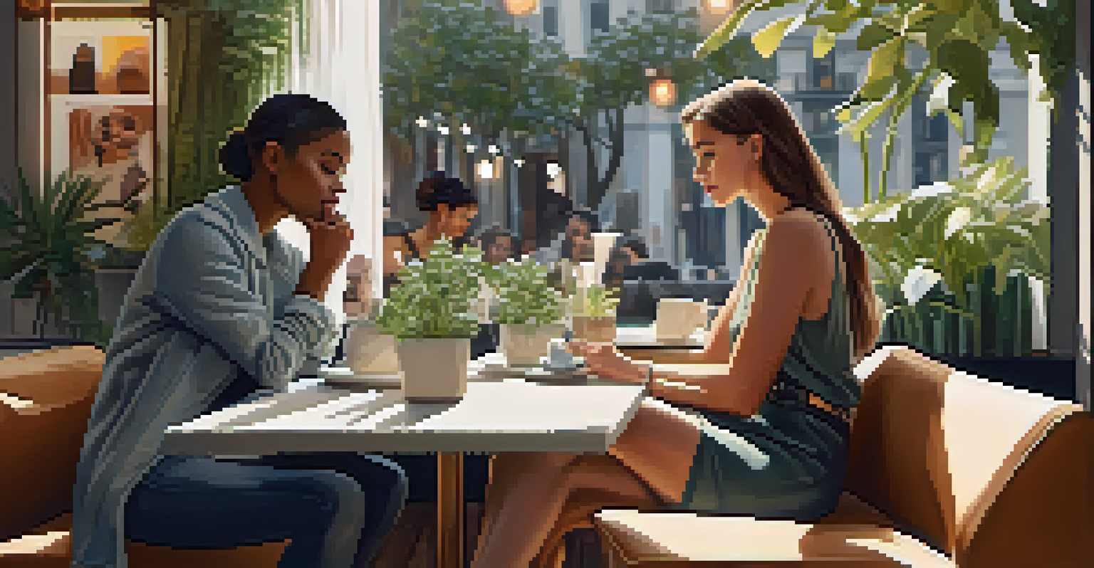A fashion influencer and a friend in a stylish café, discussing sustainable fashion while surrounded by plants and magazines.
