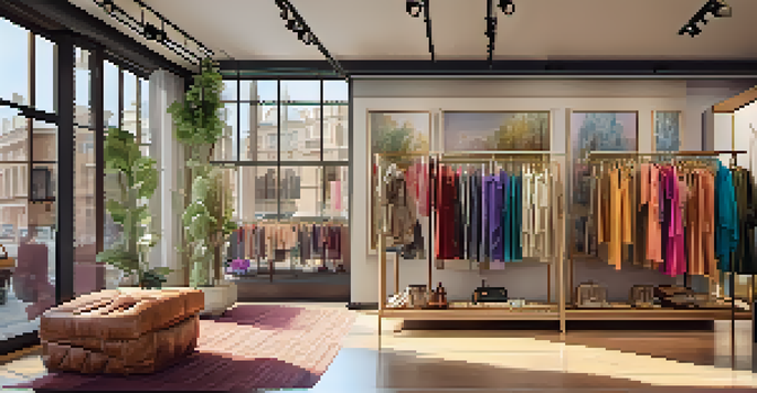 A modern fashion boutique with colorful clothing racks and elegant displays, illuminated by soft natural light.
