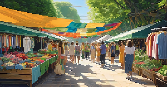 A bustling open-air market filled with colorful eco-friendly clothing stalls, shoppers exploring unique garments, and natural greenery.