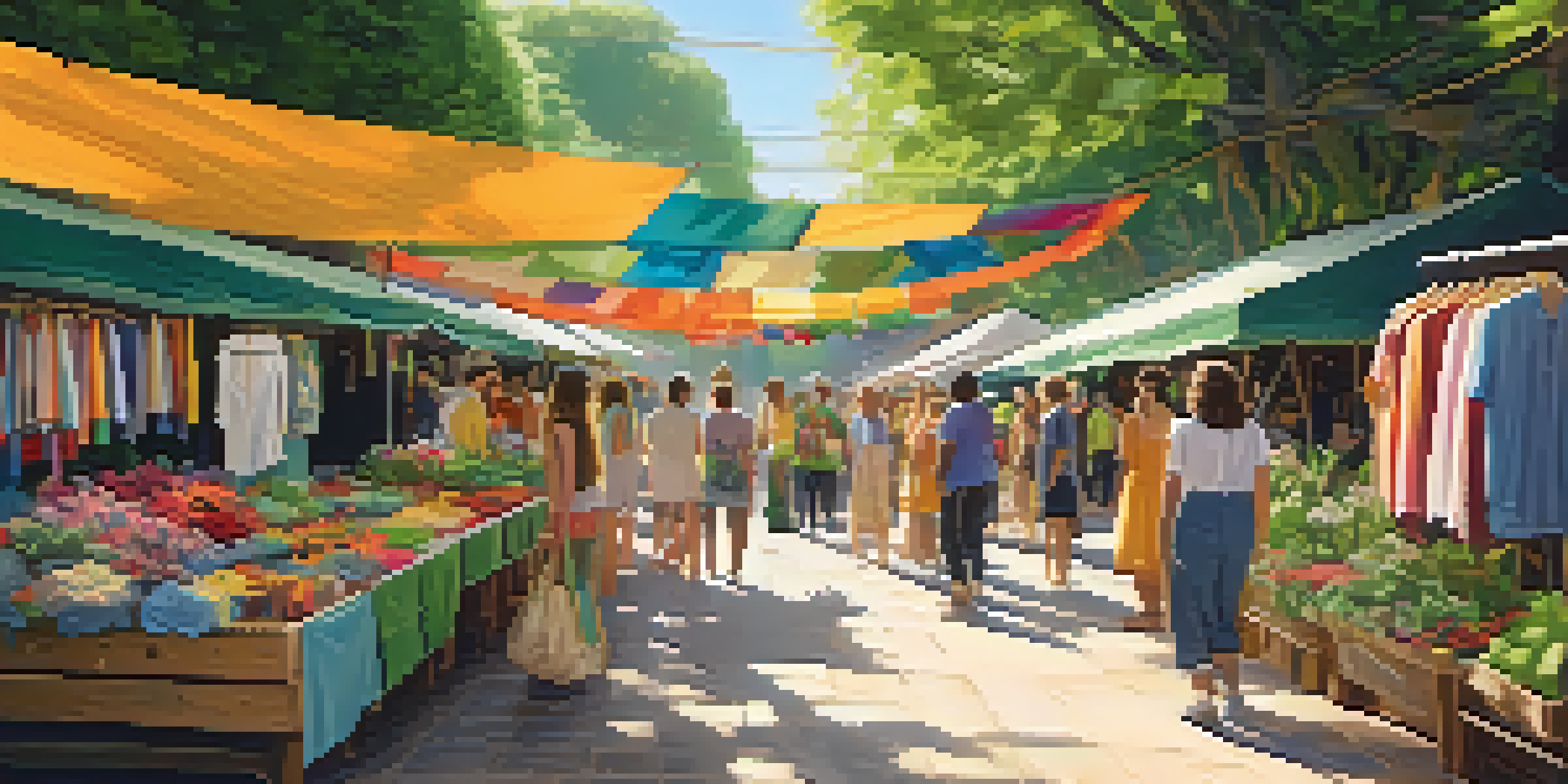 A bustling open-air market filled with colorful eco-friendly clothing stalls, shoppers exploring unique garments, and natural greenery.