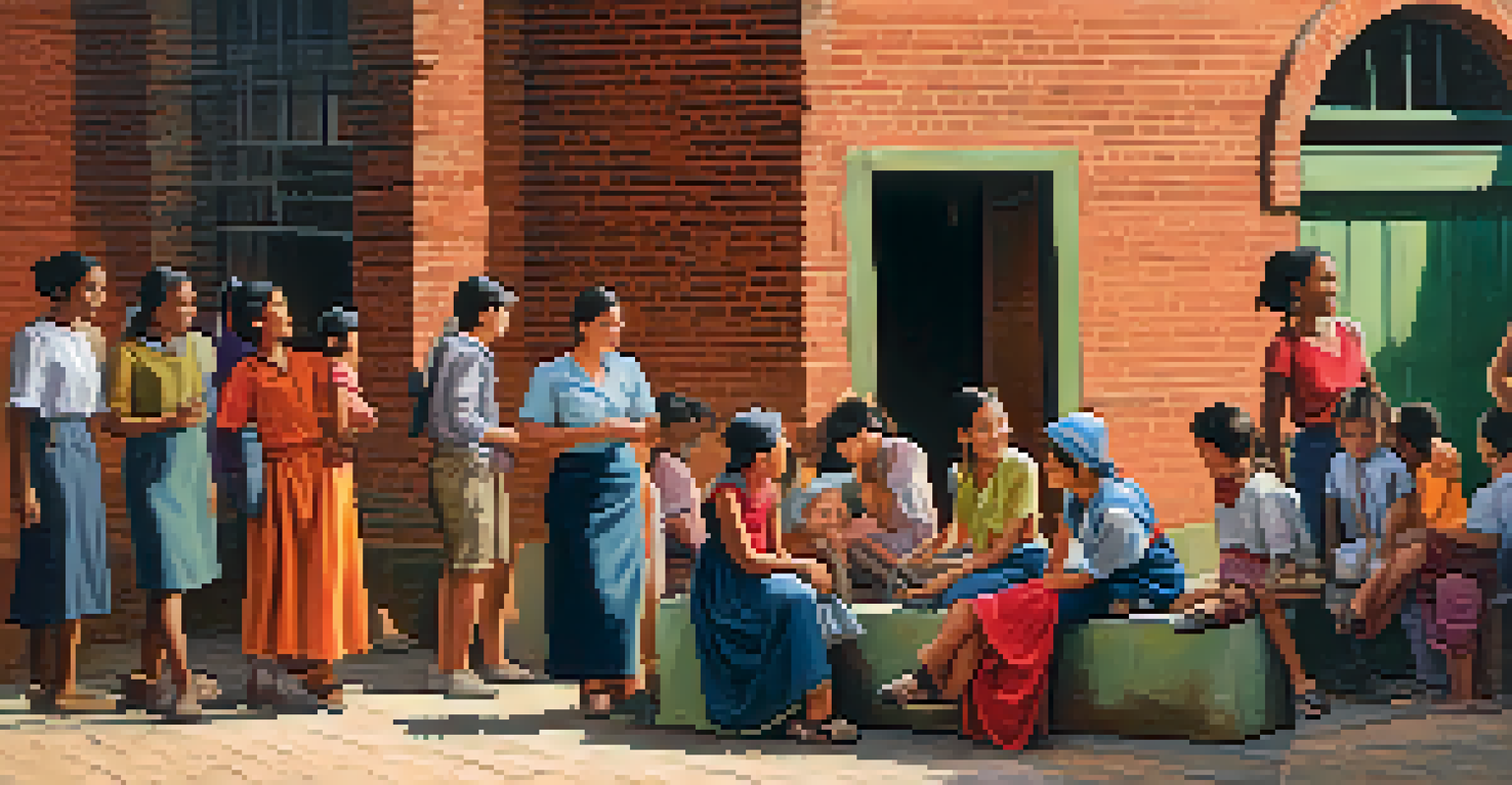 A group of women and children in a garment factory courtyard during a break, smiling and chatting against a brick wall backdrop.