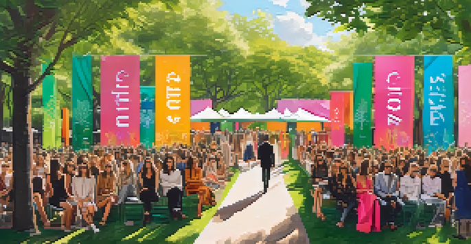 An outdoor Sustainable Fashion Week event with designers showcasing eco-friendly clothing in a park surrounded by greenery and an engaged audience.