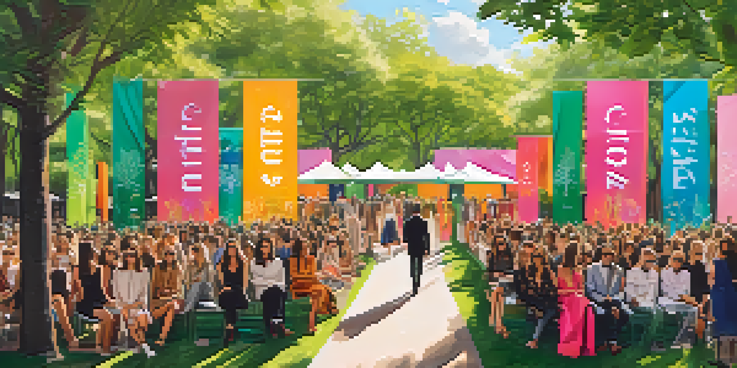 An outdoor Sustainable Fashion Week event with designers showcasing eco-friendly clothing in a park surrounded by greenery and an engaged audience.