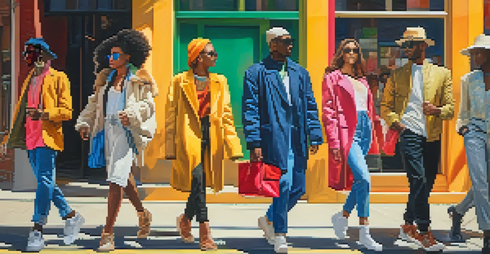 A vibrant street scene with diverse individuals wearing unique fashion styles, interacting joyfully in a sunny environment.