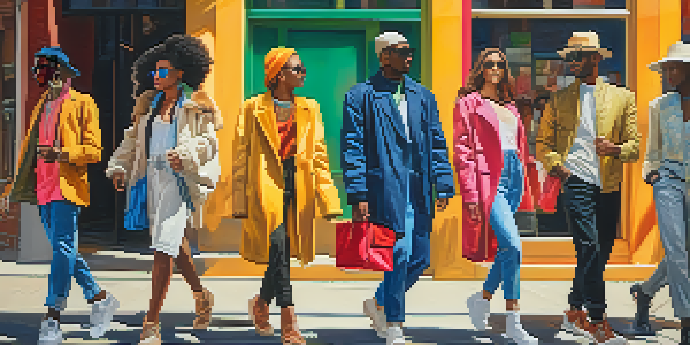 A vibrant street scene with diverse individuals wearing unique fashion styles, interacting joyfully in a sunny environment.