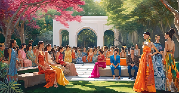 An outdoor fashion show in a garden, showcasing models in colorful garments inspired by different cultures, with sunlight filtering through trees.