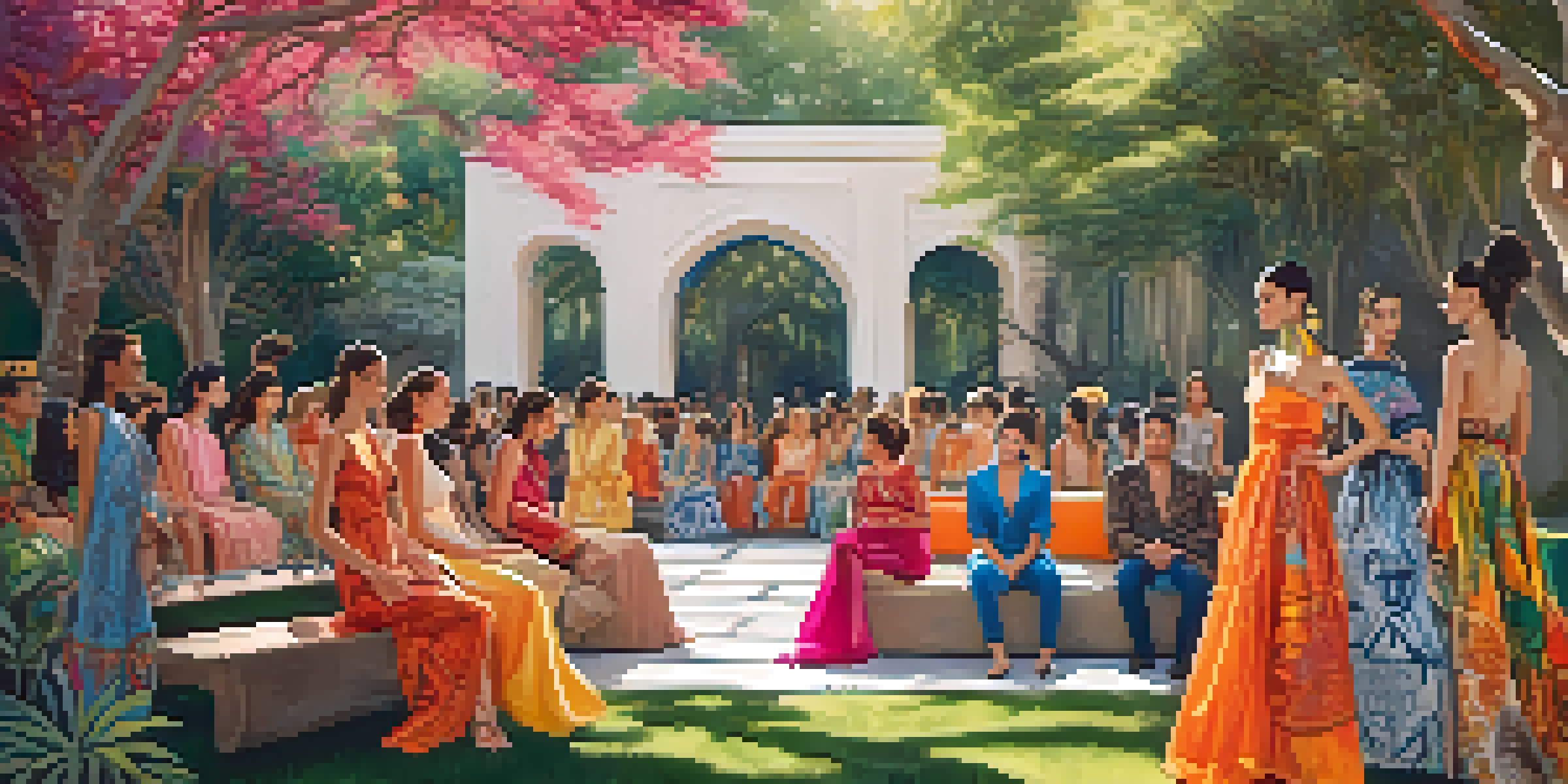 An outdoor fashion show in a garden, showcasing models in colorful garments inspired by different cultures, with sunlight filtering through trees.