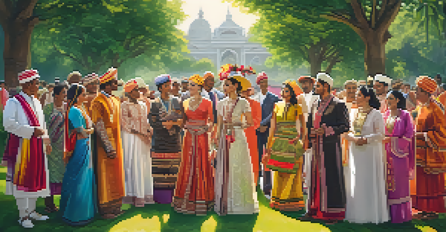 A diverse group of people in traditional garments gathered in a park, celebrating cultural fashion and community.