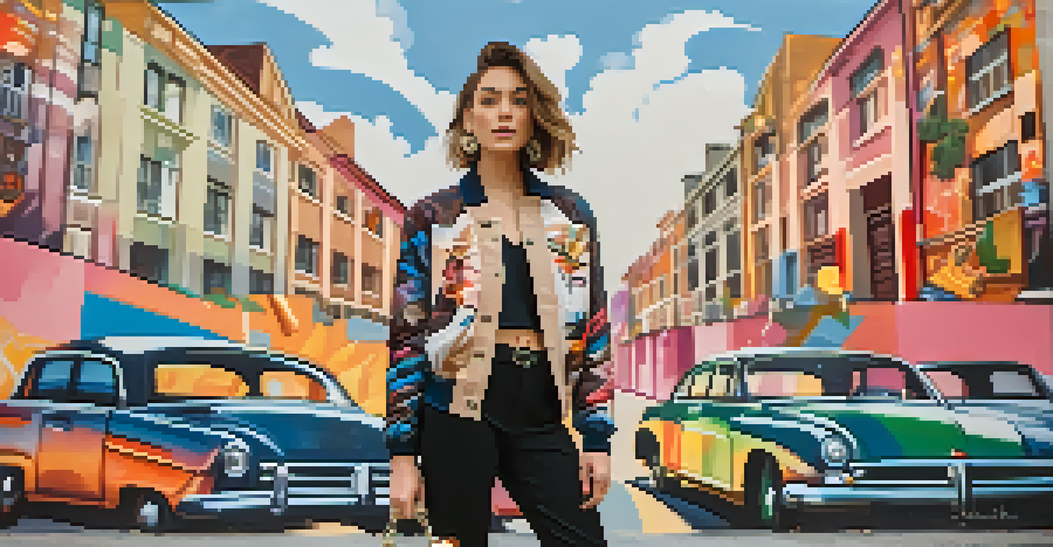 A fashionable influencer showcasing a stylish outfit made of second-hand clothing against a colorful mural.