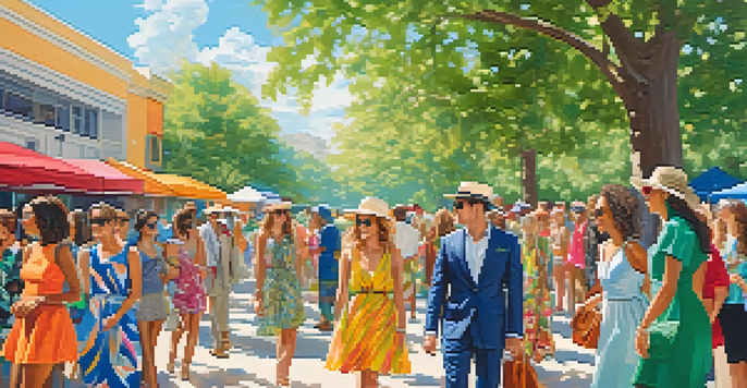 A lively outdoor event with diverse individuals displaying their unique fashion styles under a clear blue sky.