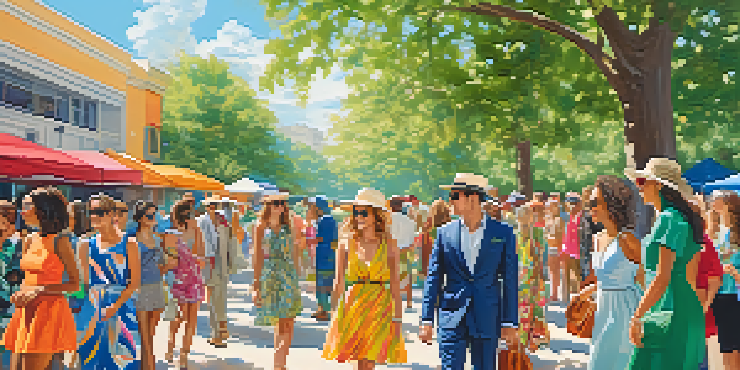 A lively outdoor event with diverse individuals displaying their unique fashion styles under a clear blue sky.