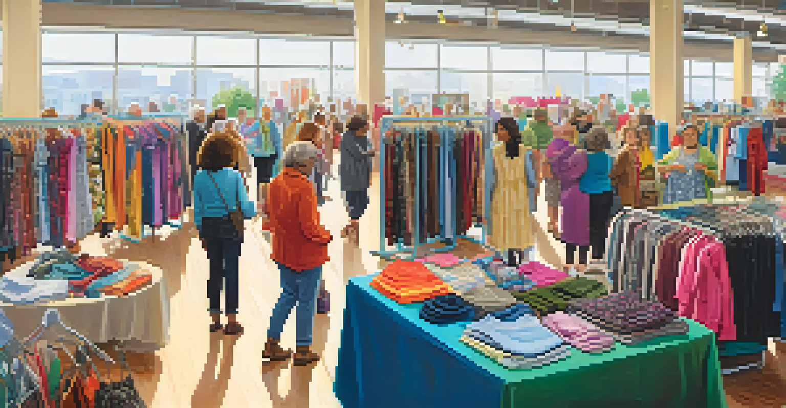 Seniors participating in a community clothing swap event with racks of secondhand clothes.