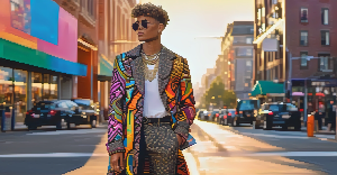 A fashion influencer posing in an urban environment, wearing a trendy outfit with colorful street art in the background.
