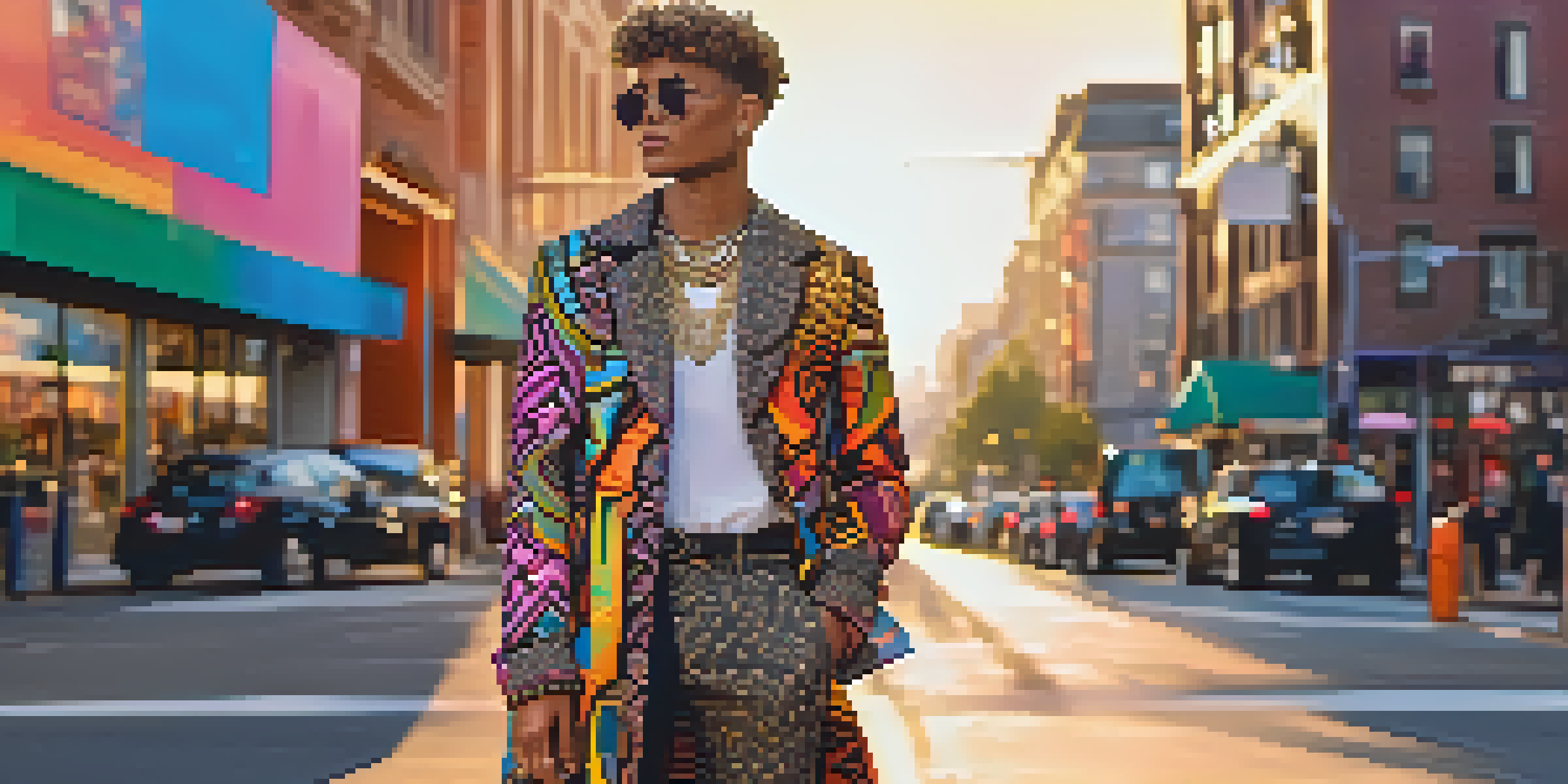 A fashion influencer posing in an urban environment, wearing a trendy outfit with colorful street art in the background.