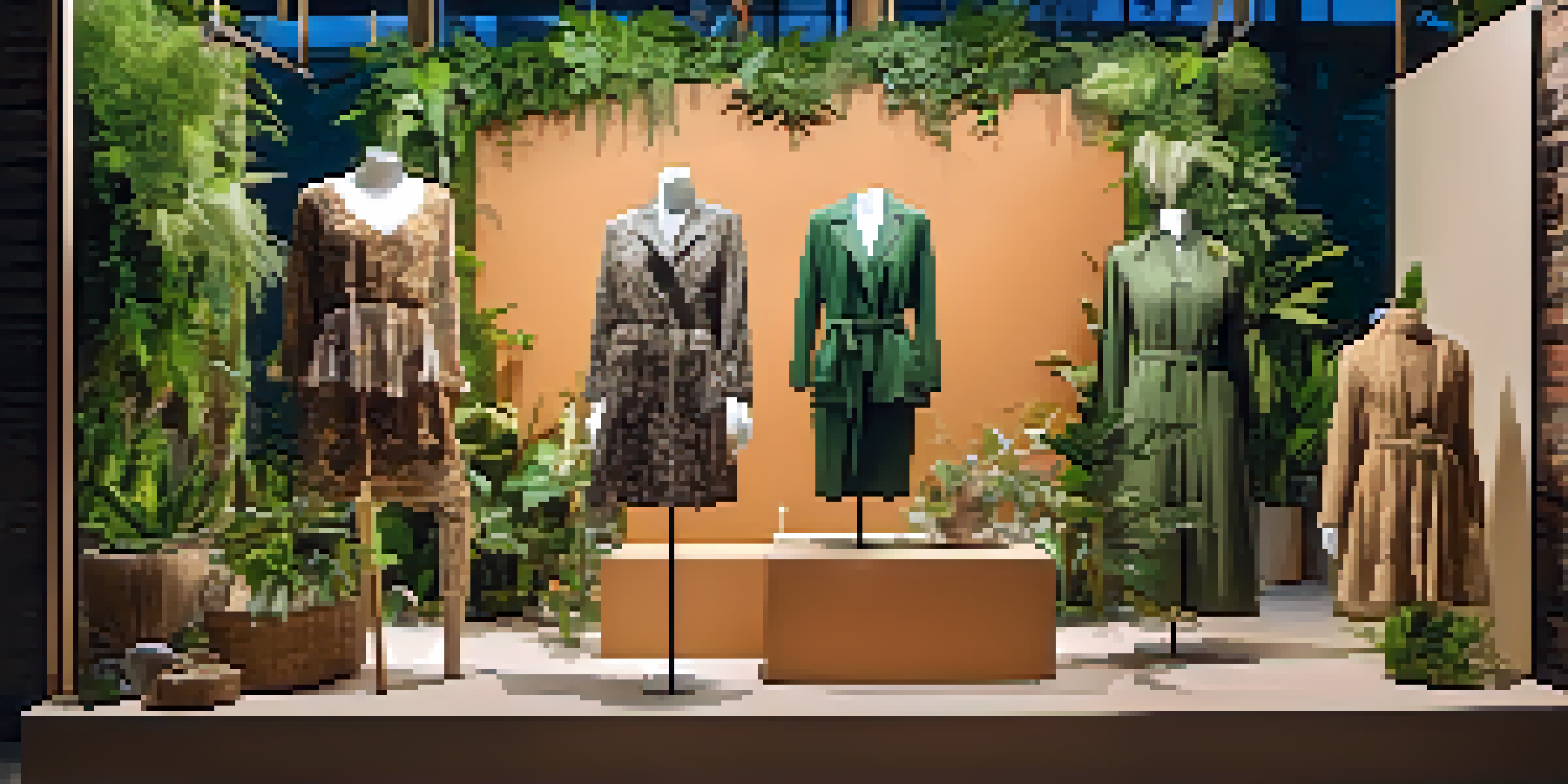 A colorful window display showcasing eco-friendly fashion with natural materials and plants, warmly lit and inviting.