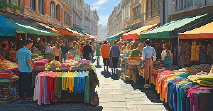 A busy street market filled with colorful clothing stalls and diverse shoppers under sunlight.