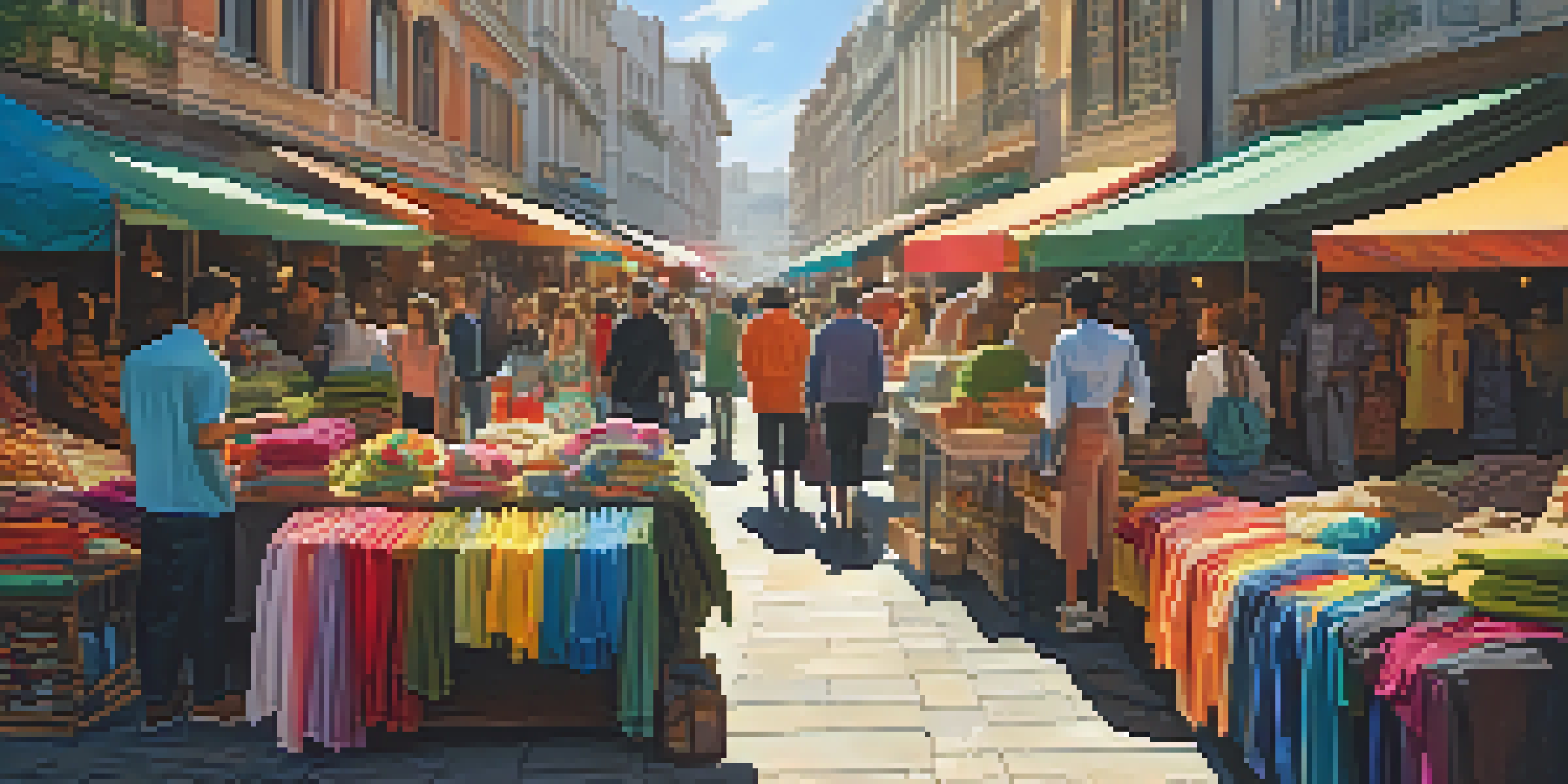 A busy street market filled with colorful clothing stalls and diverse shoppers under sunlight.