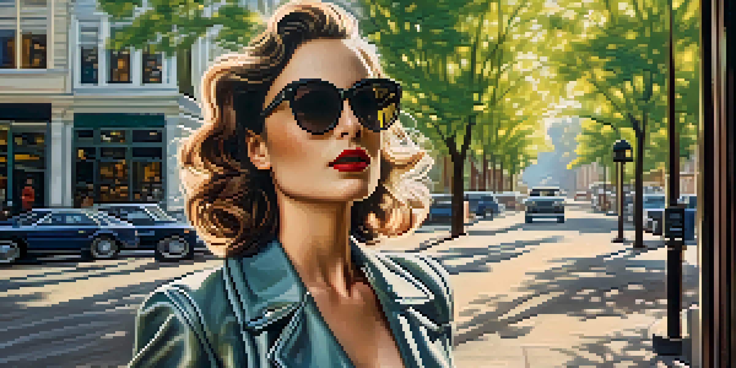 A person in a vintage-inspired outfit with cat-eye sunglasses and a leather handbag in an urban setting.