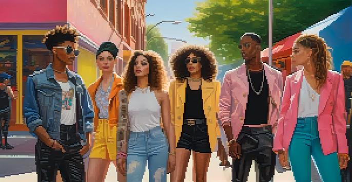 A lively street scene with diverse individuals in stylish androgynous clothing, set against colorful murals.