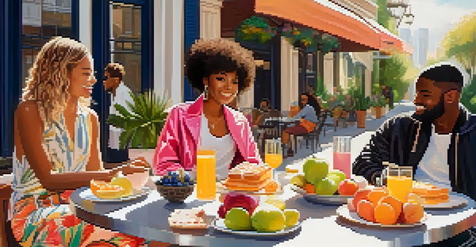 A group of diverse friends enjoying brunch outdoors, wearing trendy athleisure outfits, surrounded by plants and flowers.