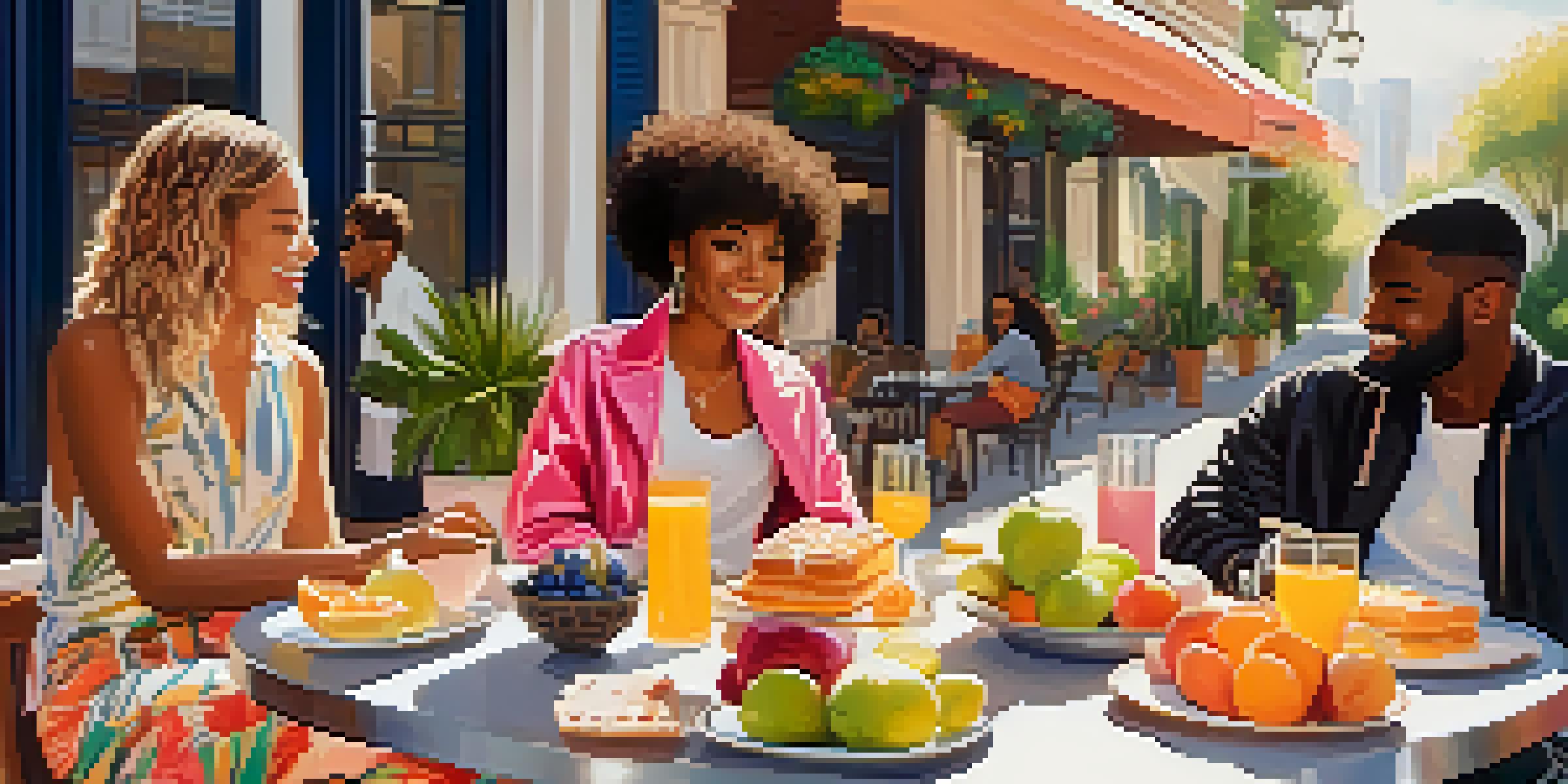 A group of diverse friends enjoying brunch outdoors, wearing trendy athleisure outfits, surrounded by plants and flowers.