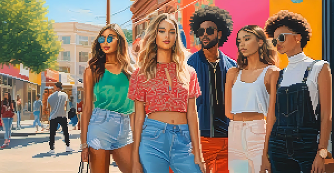 A lively urban scene with diverse individuals in fashionable outfits, standing against colorful murals and boutique shops, illuminated by warm afternoon light.