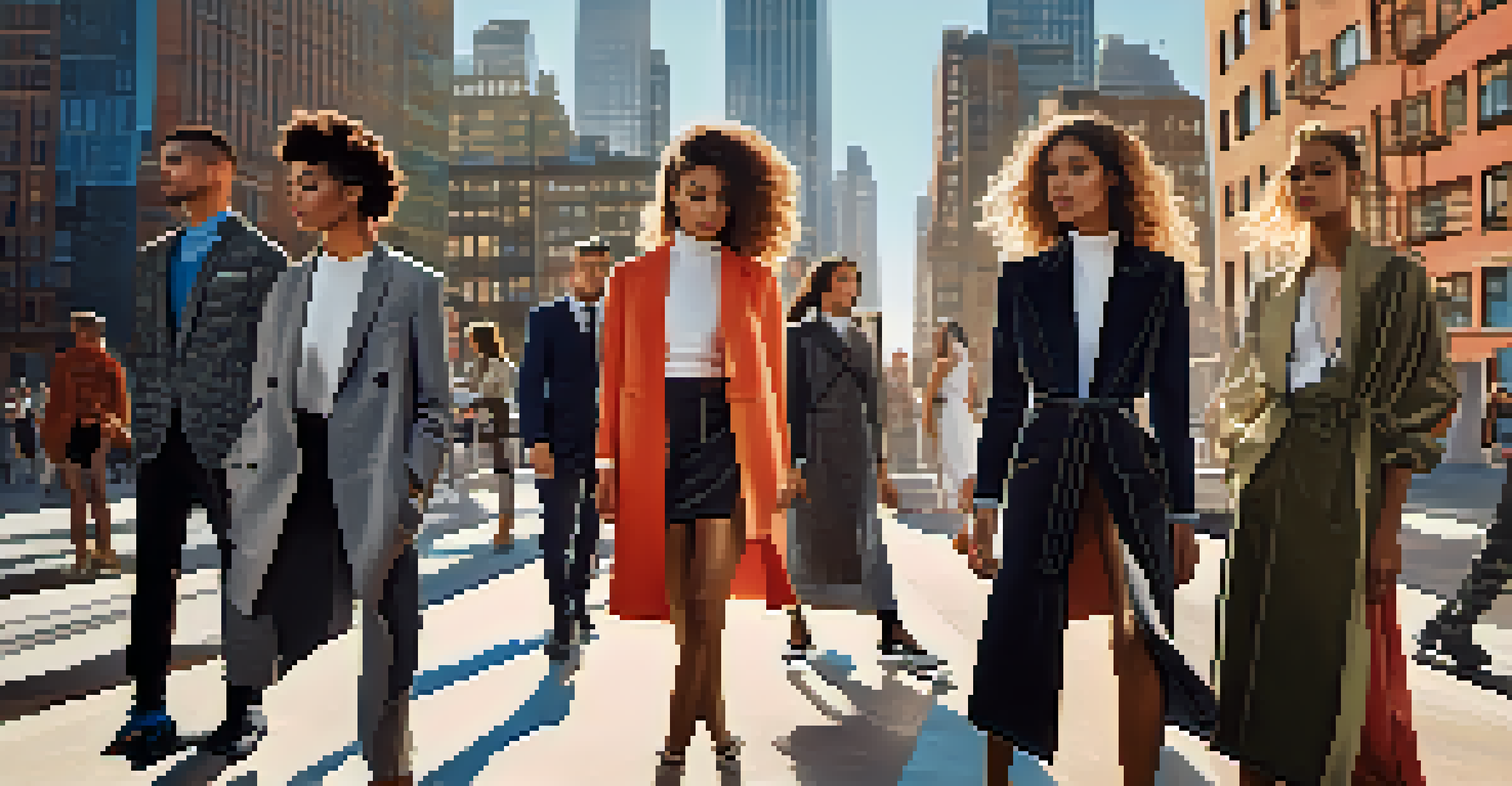A photoshoot scene with diverse models in contemporary fashion styles against a modern urban backdrop.