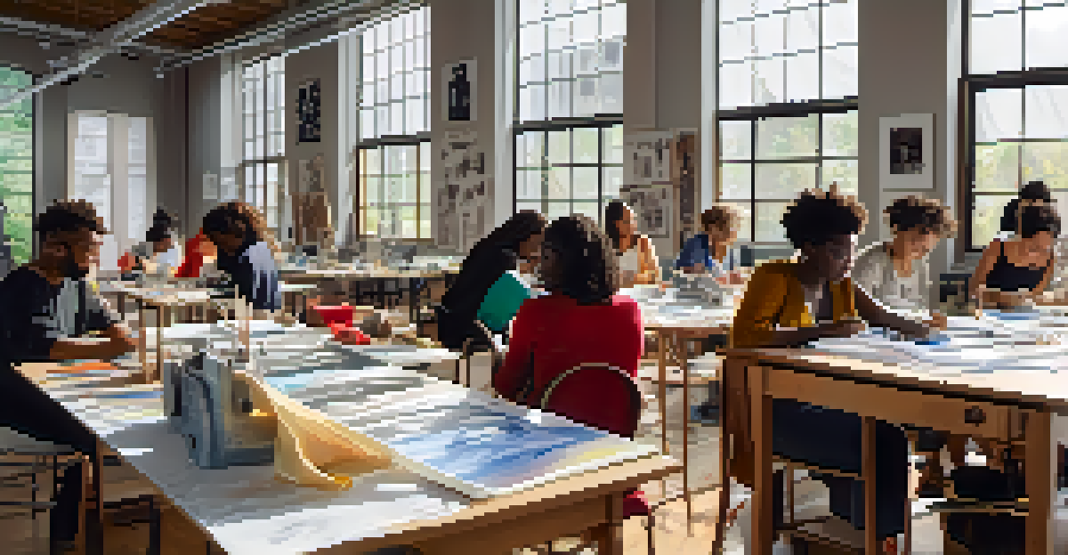 A collaborative fashion design workshop with diverse individuals sharing ideas and working on fabric swatches and sketches.