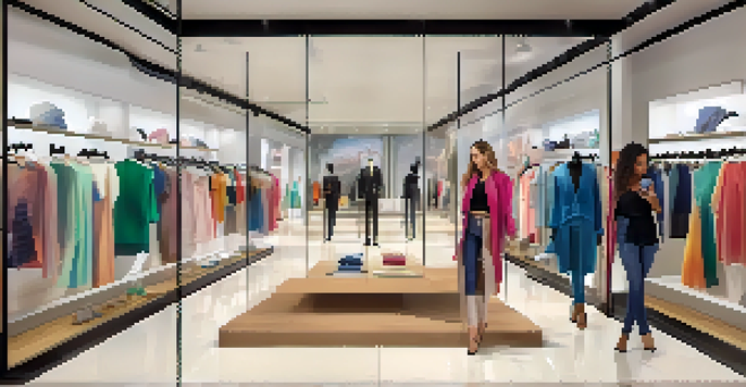 A customer in a modern fashion retail store using a smartphone to view virtual outfits overlaid on their reflection.