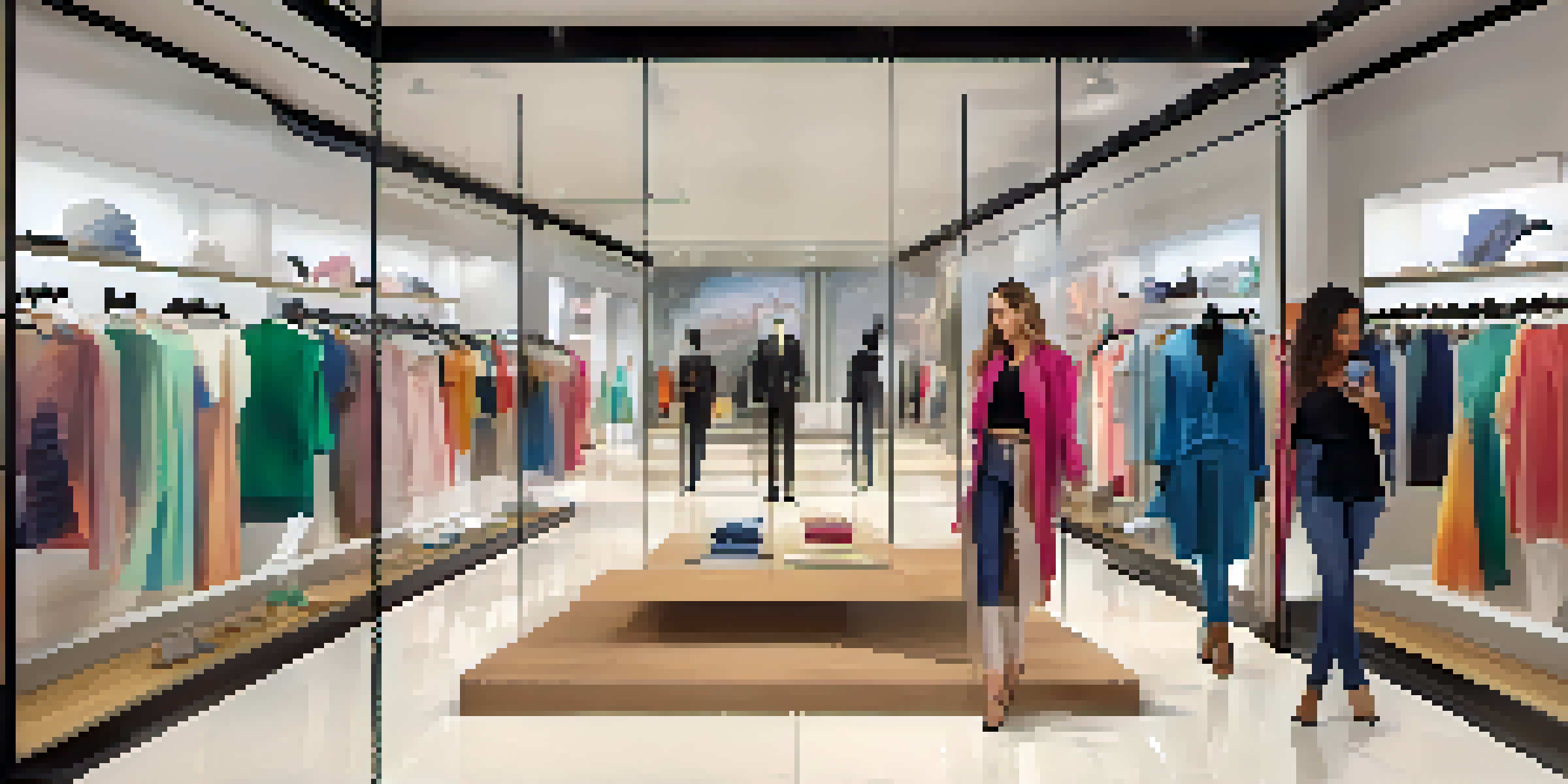 A customer in a modern fashion retail store using a smartphone to view virtual outfits overlaid on their reflection.