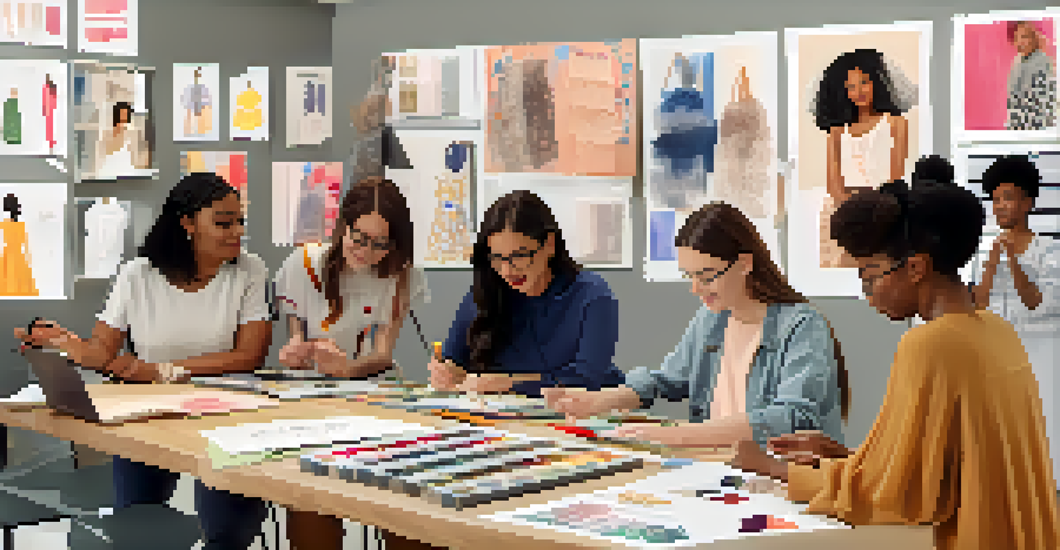A diverse group of students in an online fashion workshop, engaging with an instructor and showcasing their sewing materials.