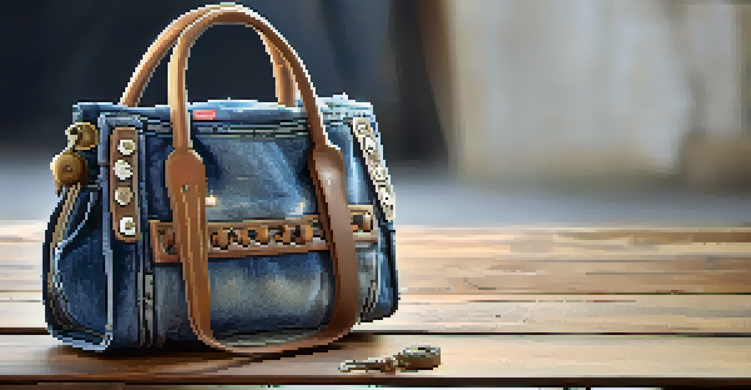 A close-up of an upcycled handbag made from old jeans, displayed on a wooden surface with natural lighting.