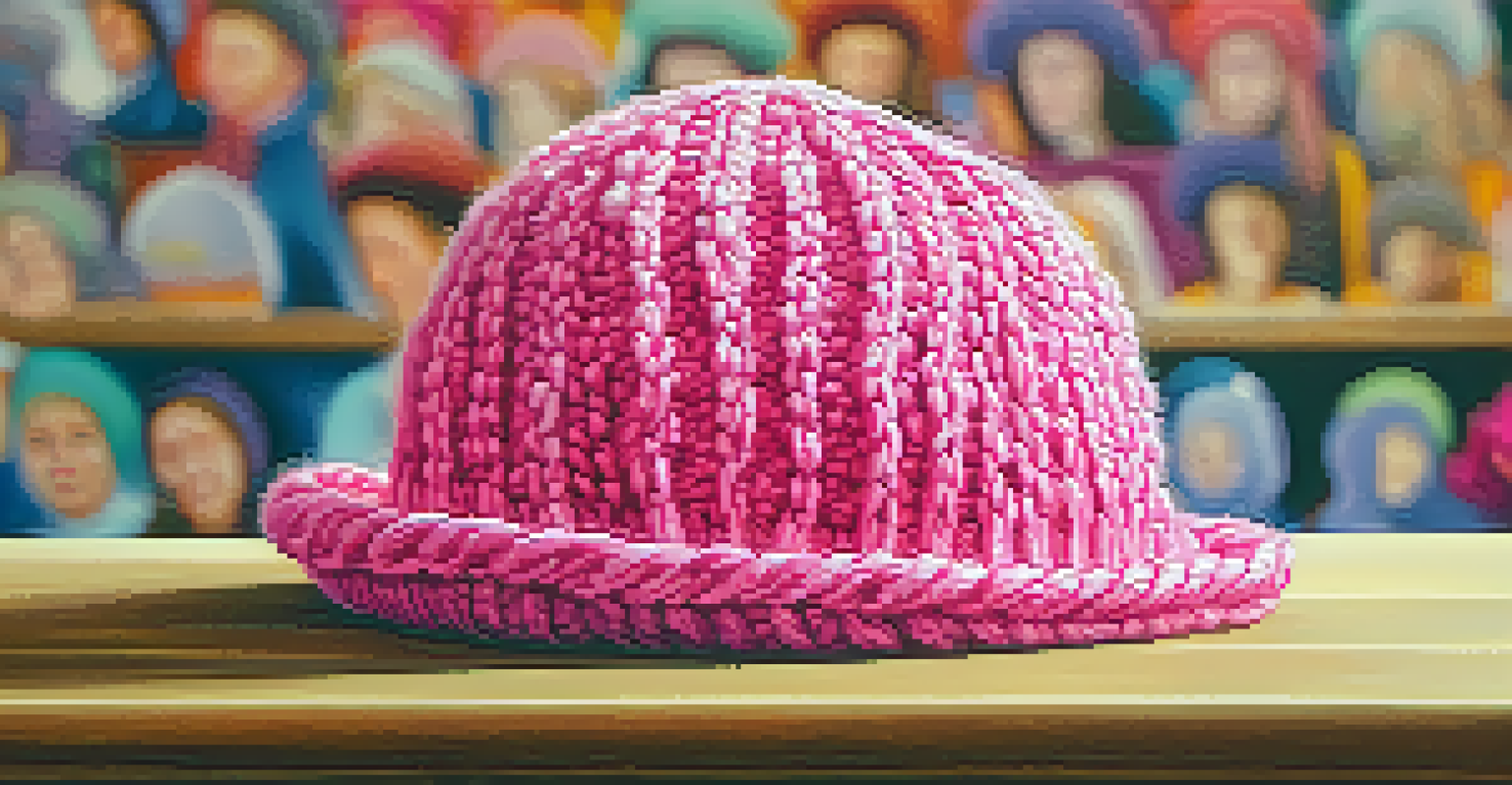 A close-up of a pink pussy hat on a wooden table, symbolizing women's rights and activism.