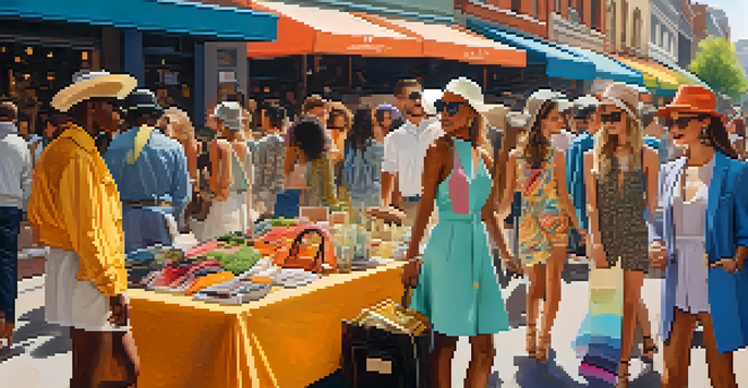 A group of diverse fashion influencers in colorful clothing interacting at a bustling street market under warm sunlight.