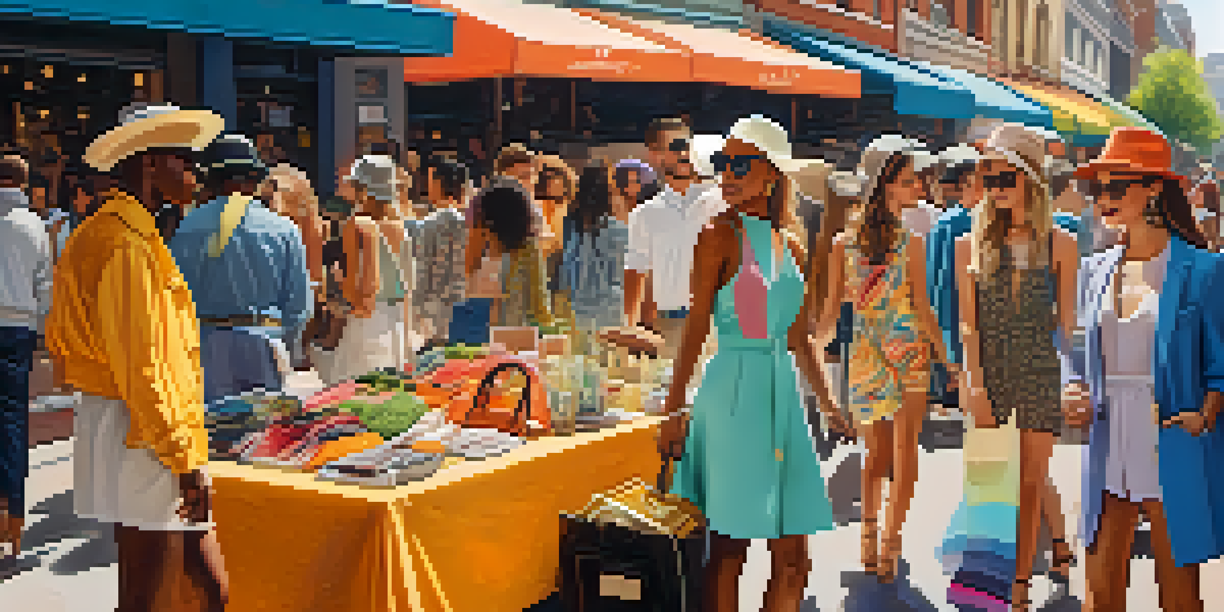 A group of diverse fashion influencers in colorful clothing interacting at a bustling street market under warm sunlight.