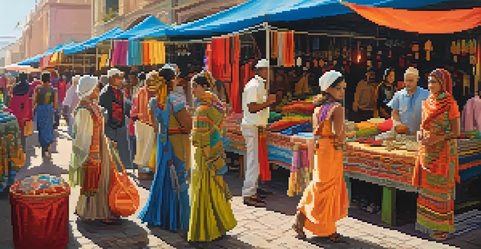 A bustling street market filled with people in colorful traditional clothing from various cultures, surrounded by vibrant stalls of textiles and crafts.