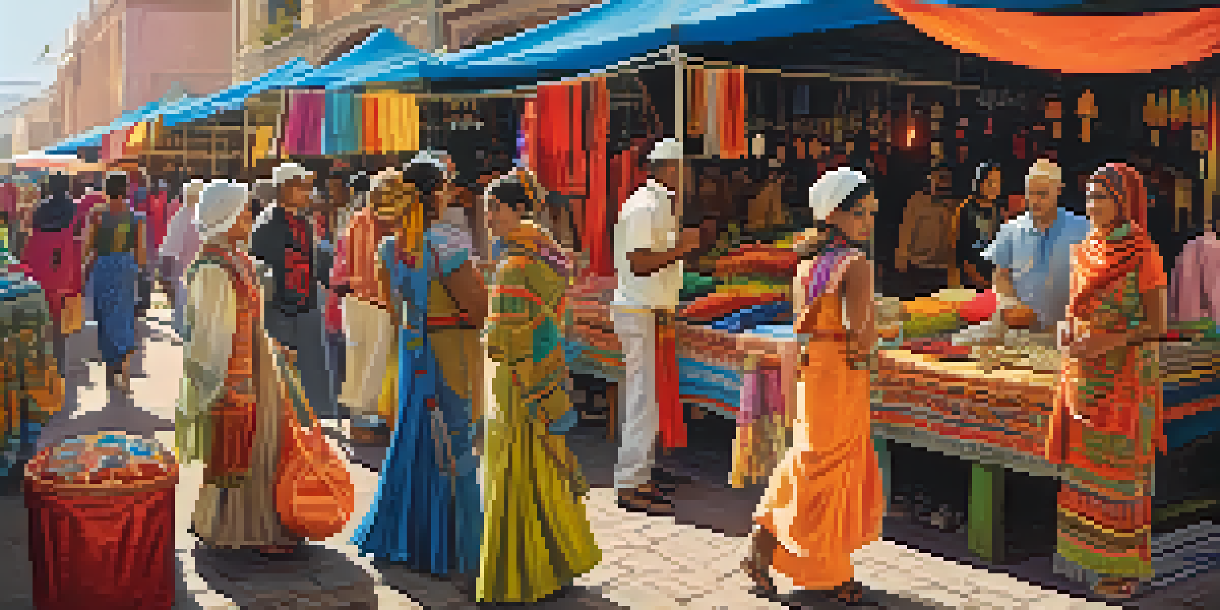 A bustling street market filled with people in colorful traditional clothing from various cultures, surrounded by vibrant stalls of textiles and crafts.