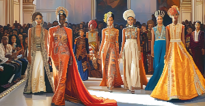 A colorful fashion runway with models in traditional outfits from different cultures, surrounded by an audience in modern clothing.