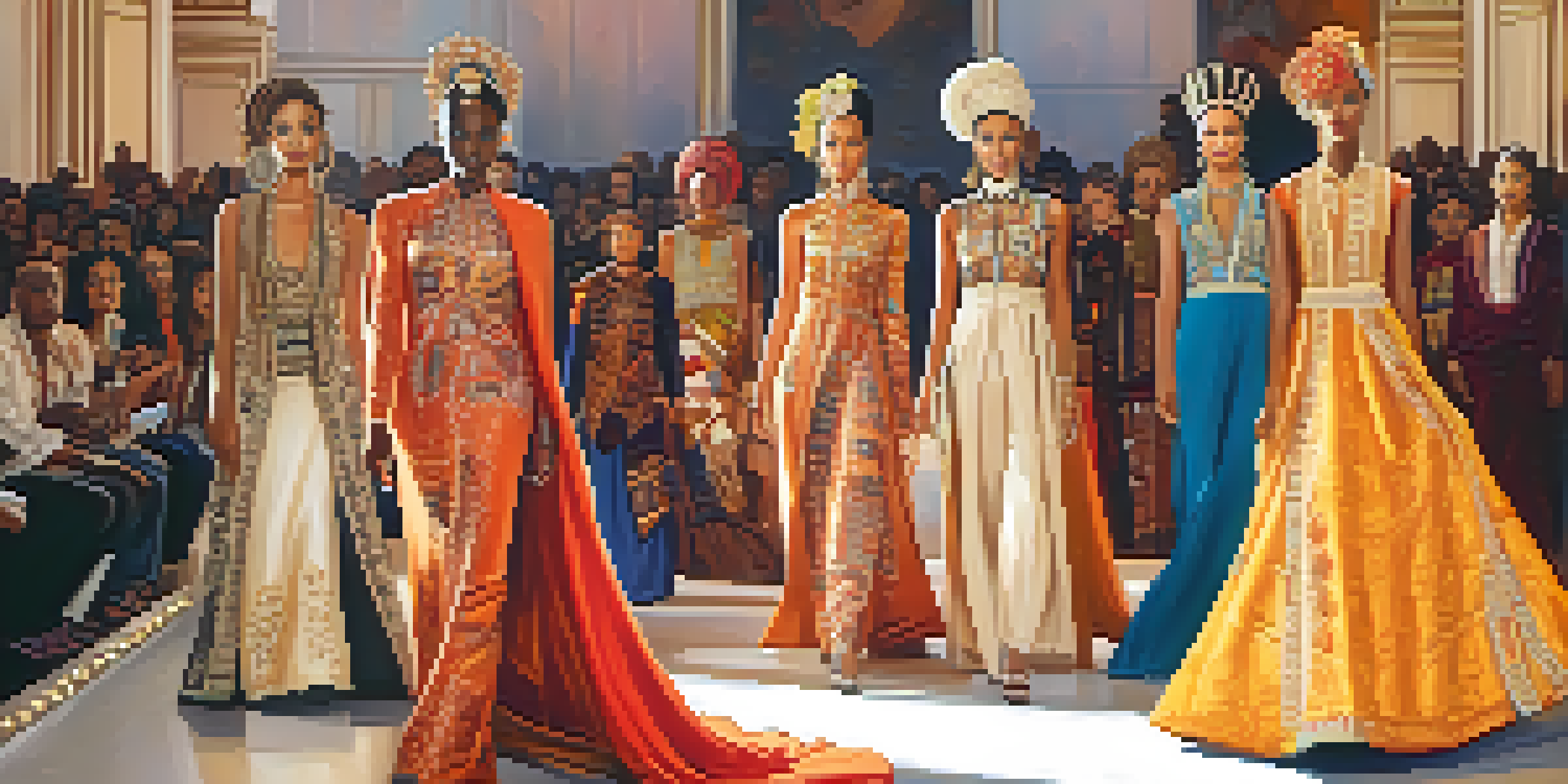 A colorful fashion runway with models in traditional outfits from different cultures, surrounded by an audience in modern clothing.