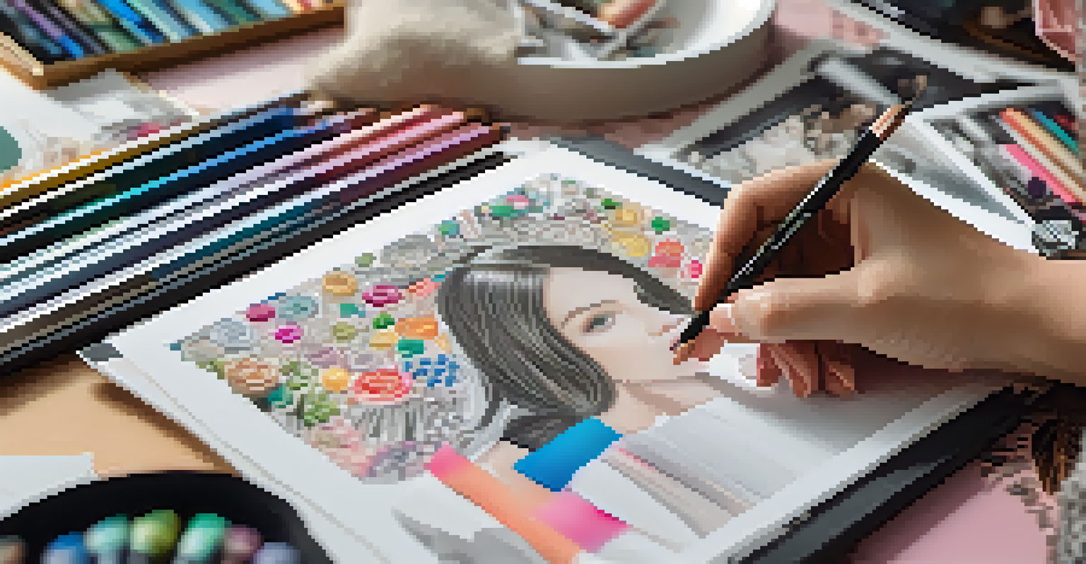 Close-up of hands illustrating fashion designs with colored pencils and sketchbooks in the background.