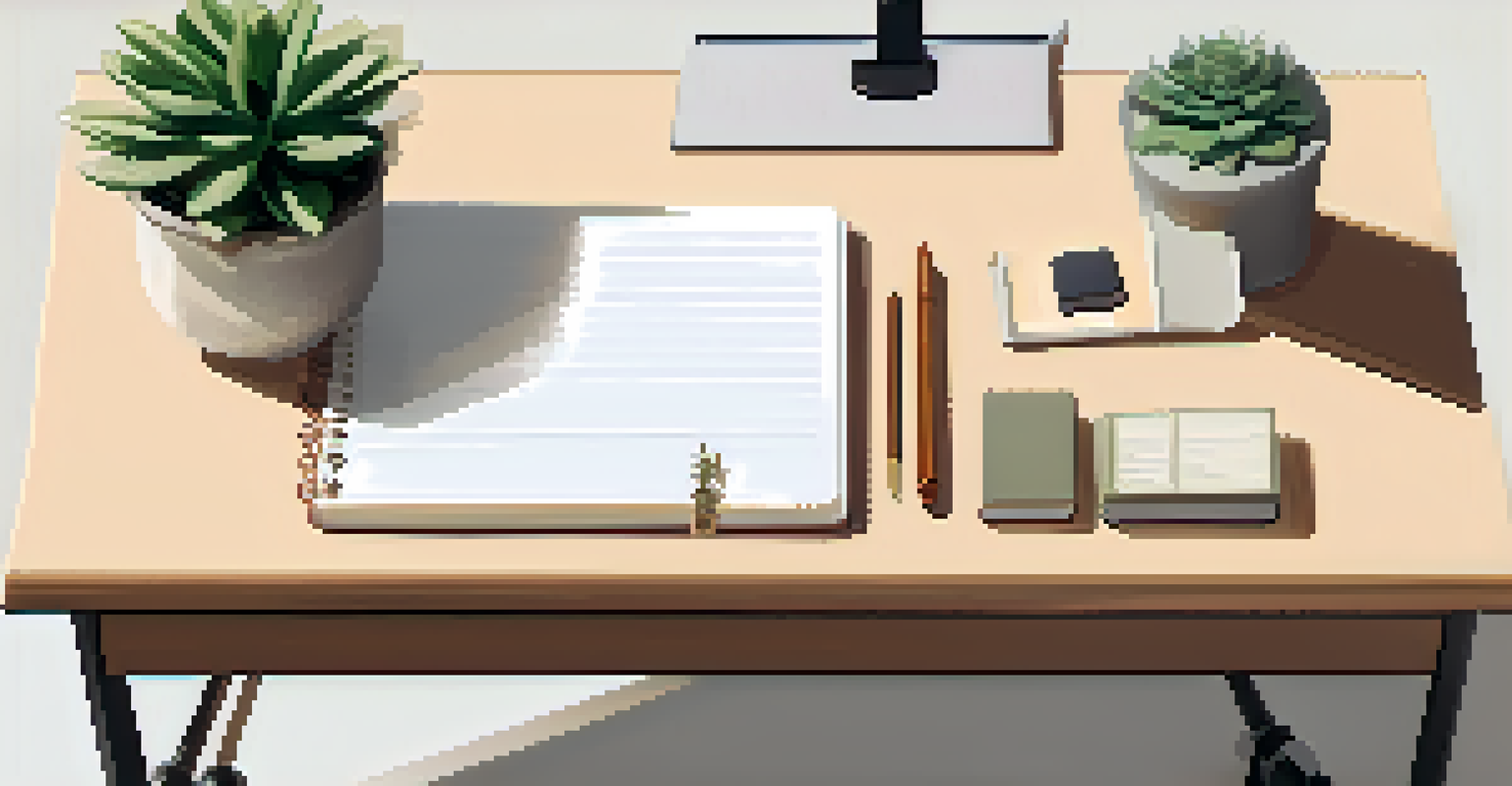 An aerial view of a minimalist desk with a notebook, pen, and a potted plant, all arranged in a clean and organized manner.