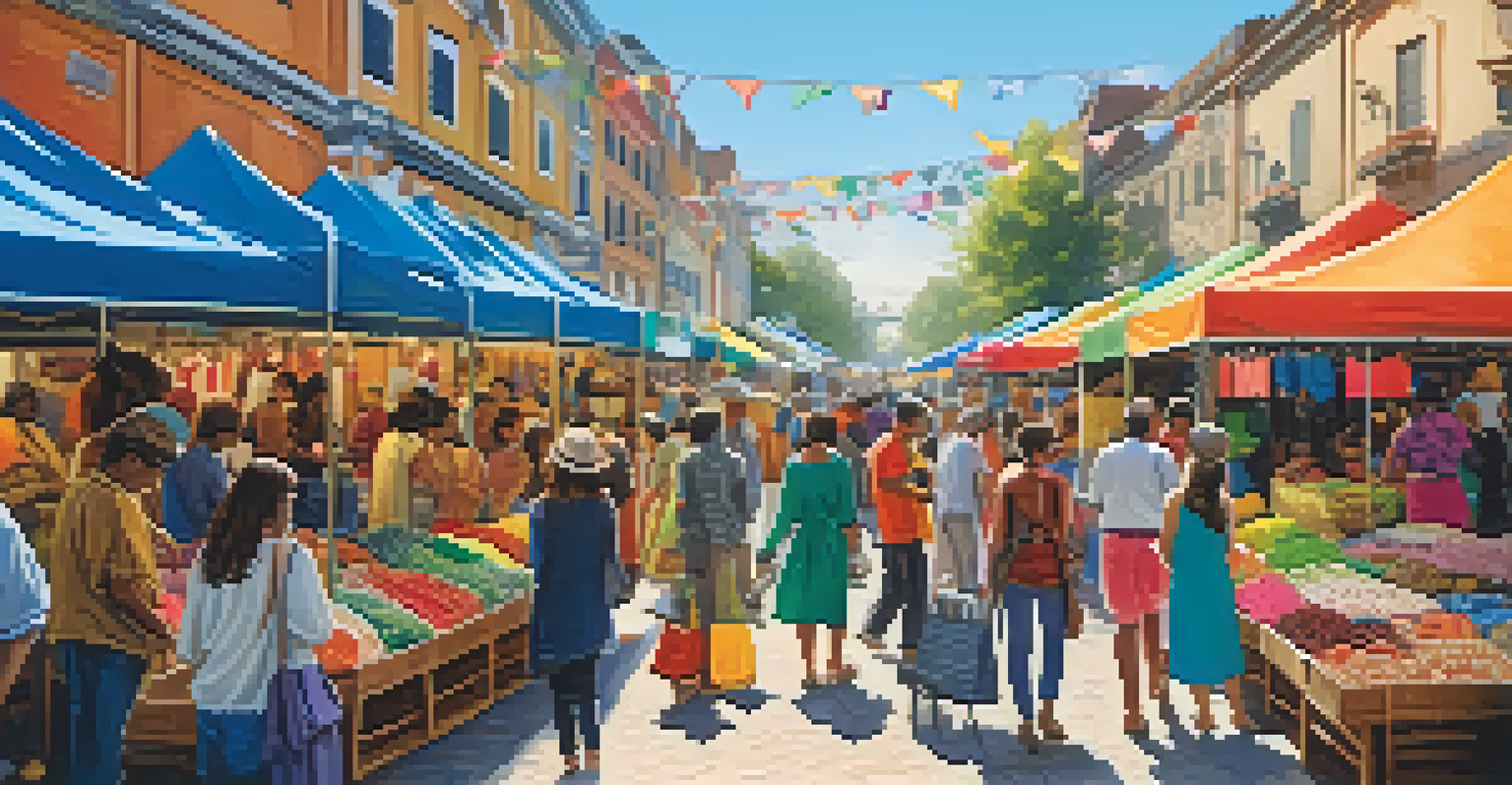 A lively outdoor market with diverse shoppers browsing colorful clothing stalls and enjoying the festive atmosphere.