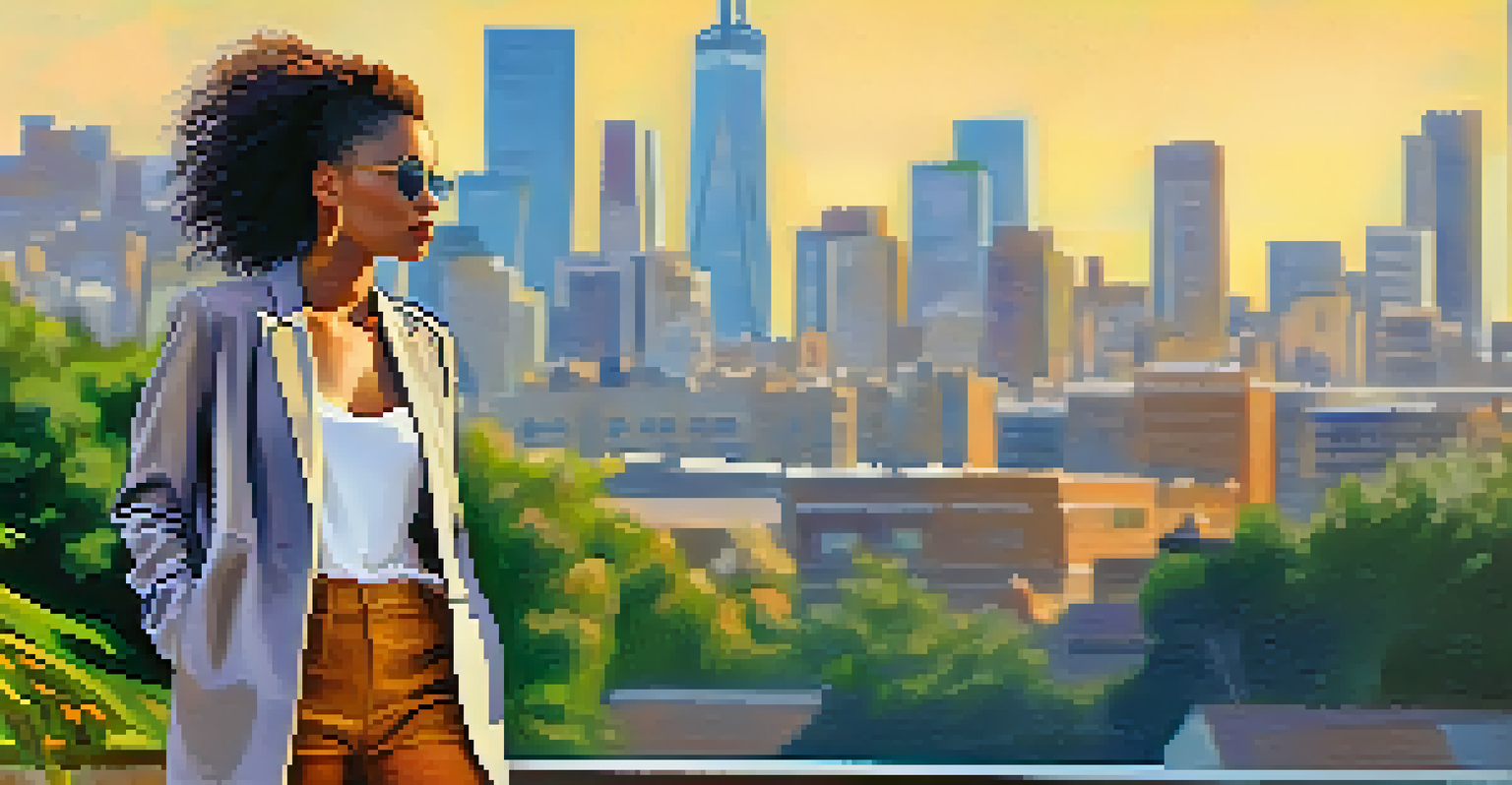 A model in a vibrant sustainable outfit made from recycled materials, set against an urban backdrop with greenery.