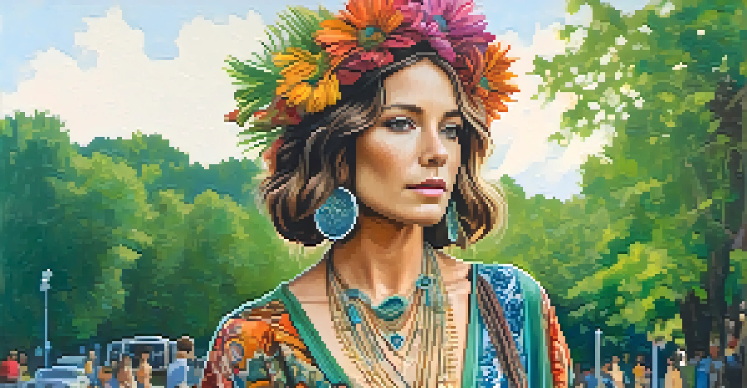 A woman in a bohemian outfit stands in a park, showcasing the flowing fabrics and floral patterns of 1970s fashion.