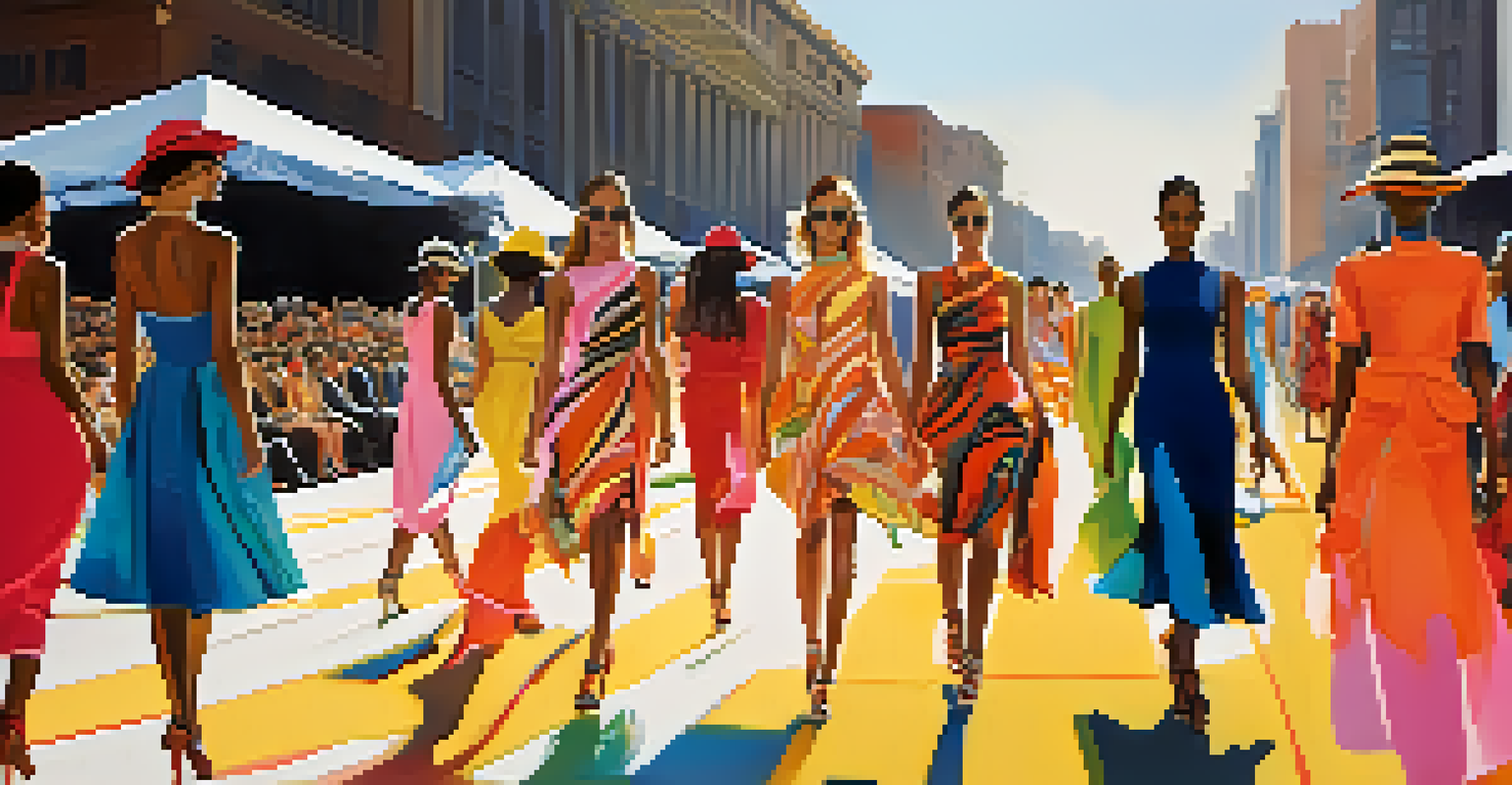 An outdoor fashion show featuring models in unique designs inspired by cultural patterns, with a diverse audience in an urban setting.