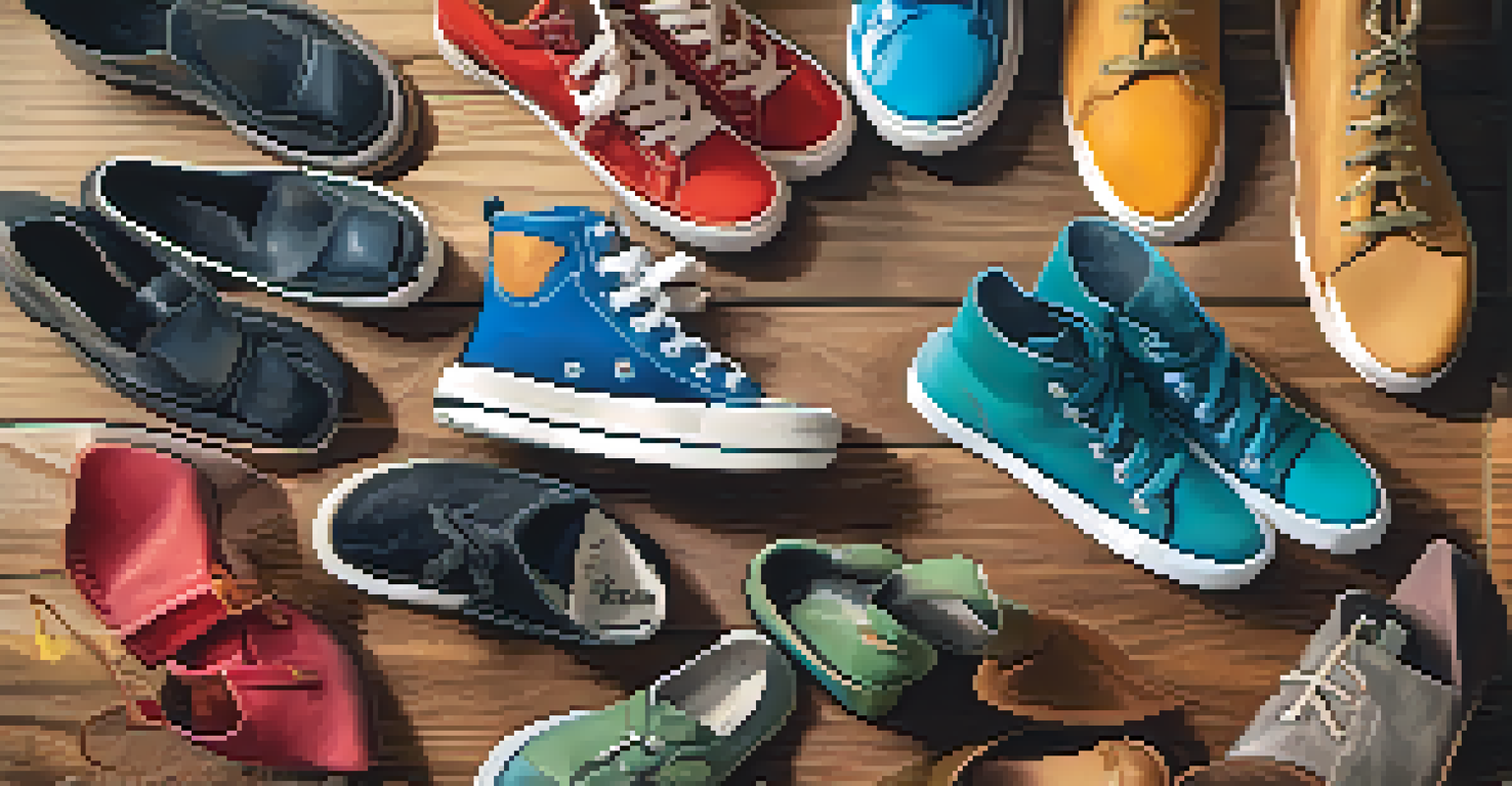 A collection of eco-friendly footwear options displayed on a wooden surface, showcasing various materials and vibrant colors.