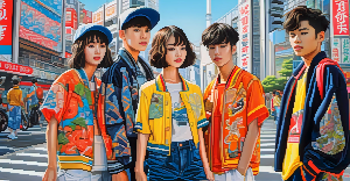 A lively street in Tokyo filled with young people wearing colorful street fashion, with a mix of traditional and modern architecture in the background.