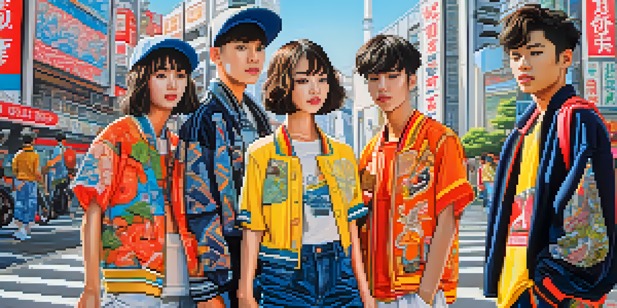 A lively street in Tokyo filled with young people wearing colorful street fashion, with a mix of traditional and modern architecture in the background.