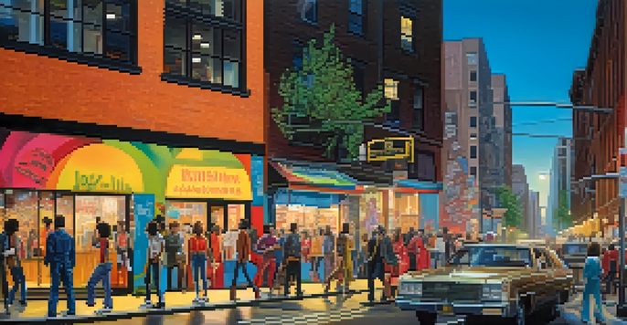 A lively New York City street scene from the late 1970s, featuring young artists in eclectic outfits against a backdrop of graffiti and iconic buildings, illuminated by streetlights.