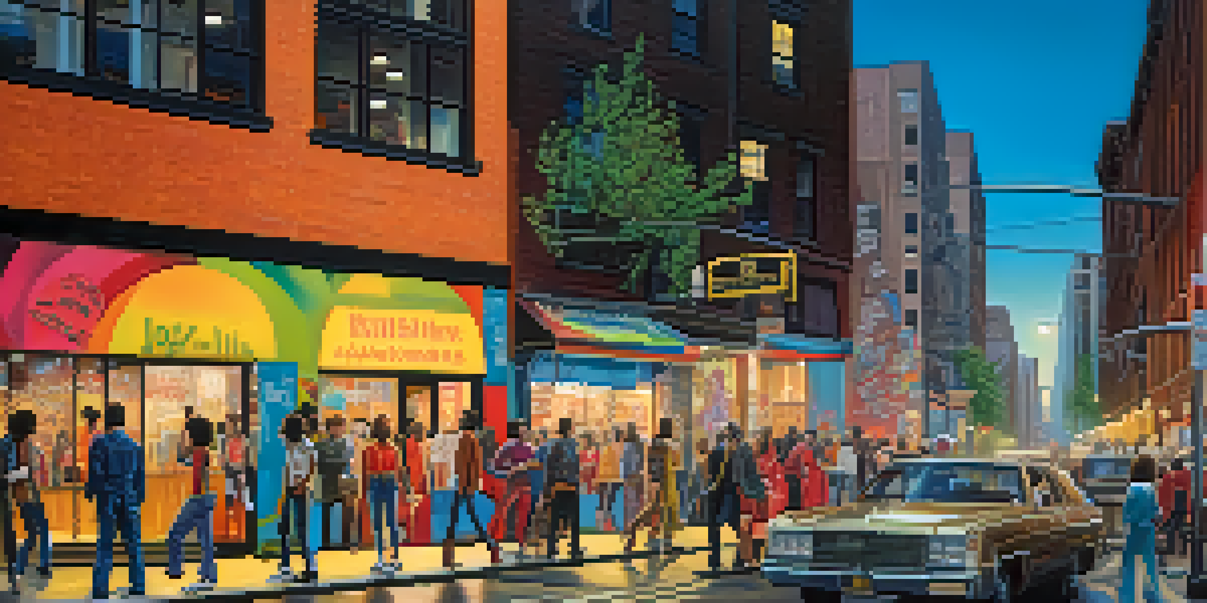 A lively New York City street scene from the late 1970s, featuring young artists in eclectic outfits against a backdrop of graffiti and iconic buildings, illuminated by streetlights.